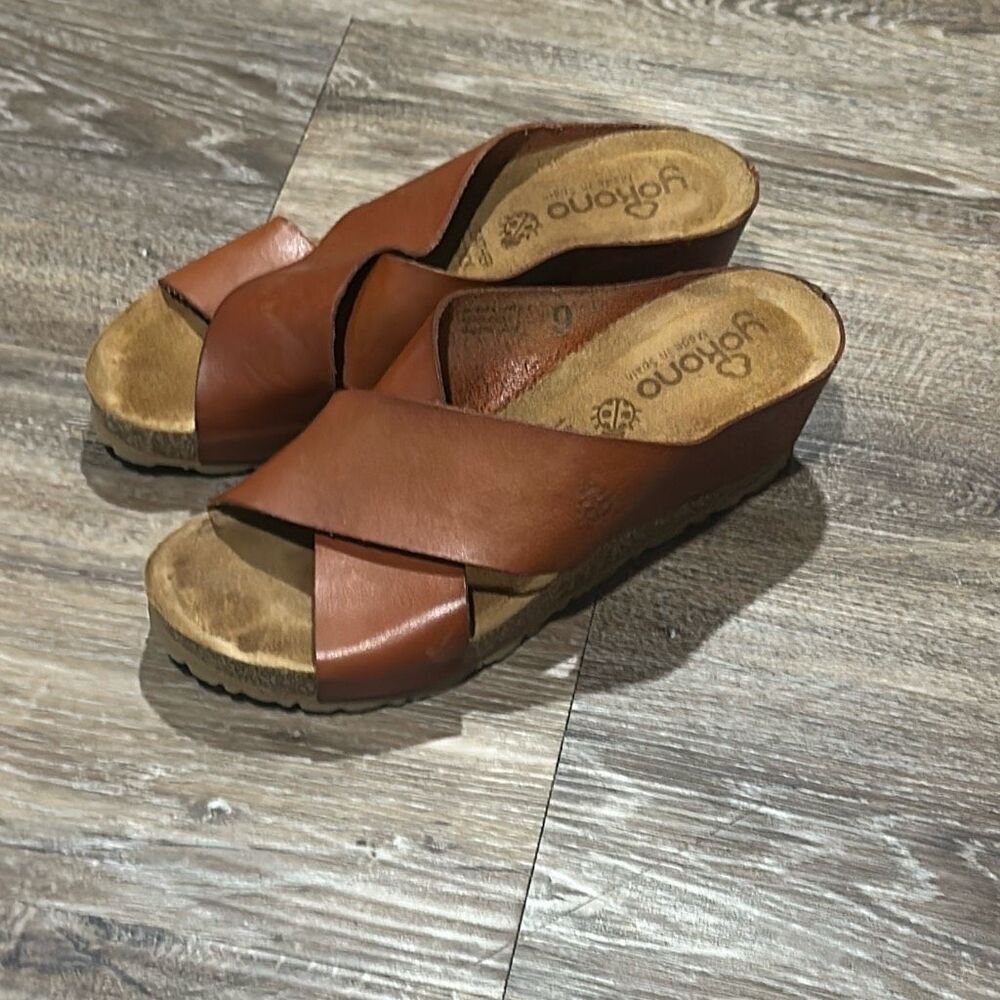 Yokono Spain brown cork wedge sandals 9 cross strap